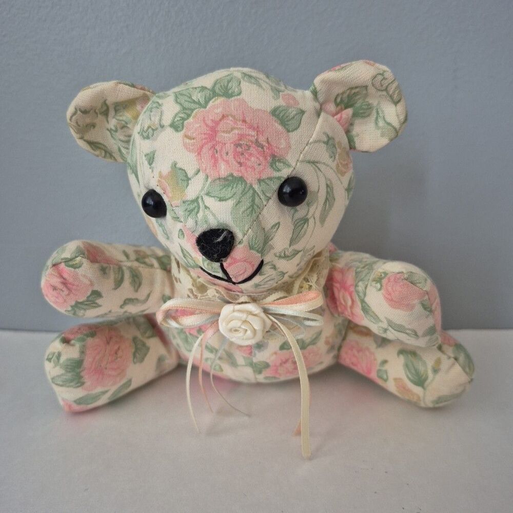 Wang International Cream Floral Stuffed Plush Tapestry Teddy Bear Pin Cushion